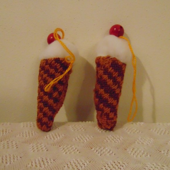 Vintage Ice Cream Cones, Christmas Tree Ornaments, Handmade, Needlepoint - Picture 3 of 6